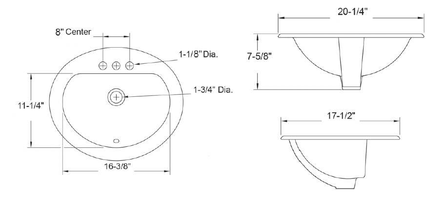 LIBERTY Oval Drop In Sink 8" Spread measurements