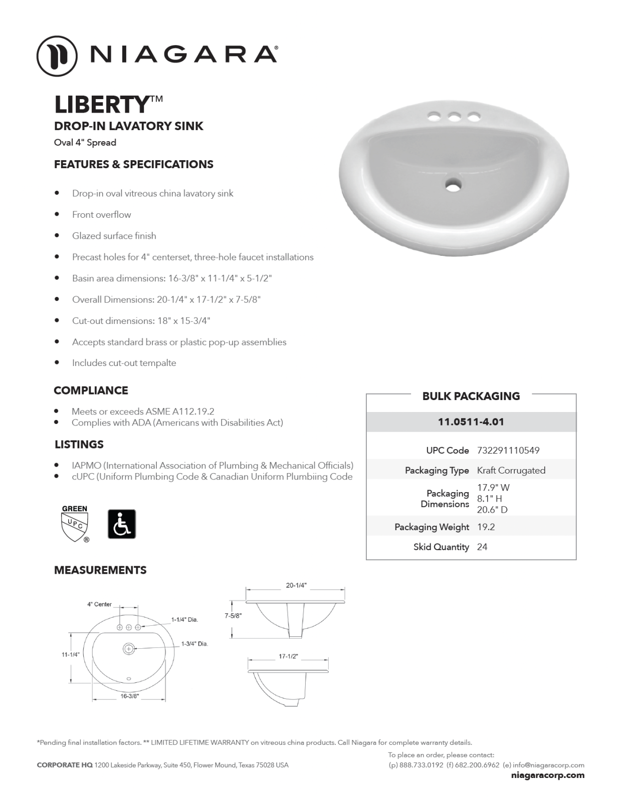 LIBERTY<sup>®</sup> Oval Drop In Sink 4″ Spread