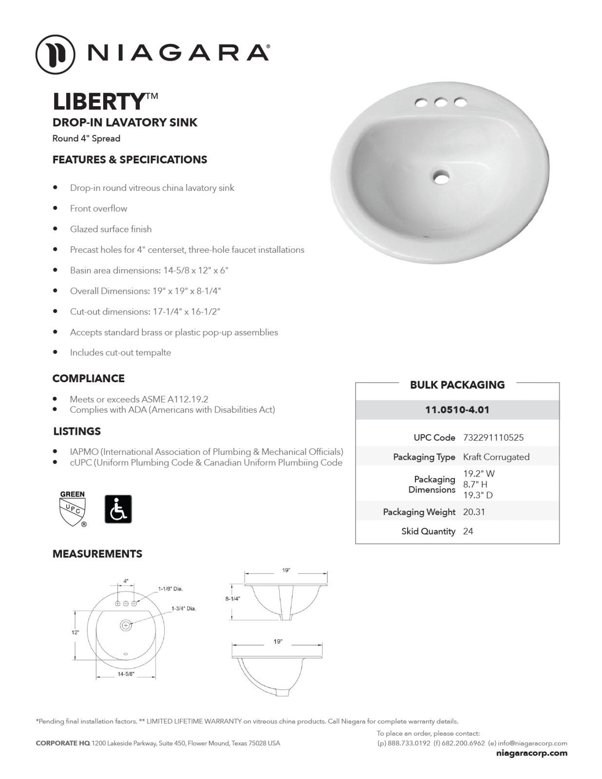 LIBERTY<sup>®</sup> Round Drop In Sink 4″ Spread