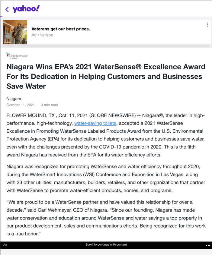 Yahoo! Finance: Niagara WaterSense Award