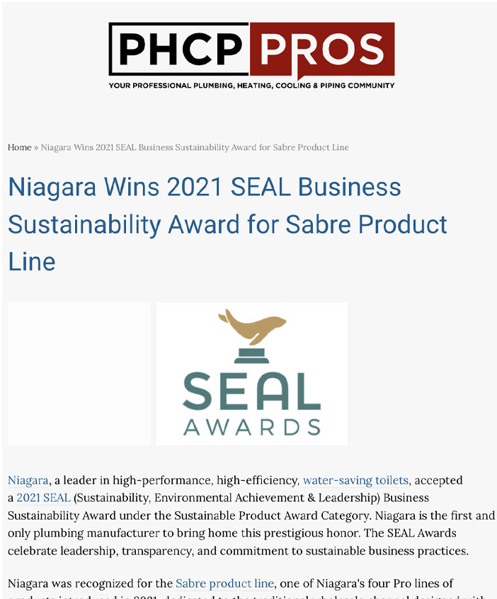 PHCP Pros: Niagara Wins 2021 SEAL Business Sustainability Award for Sabre Product Line