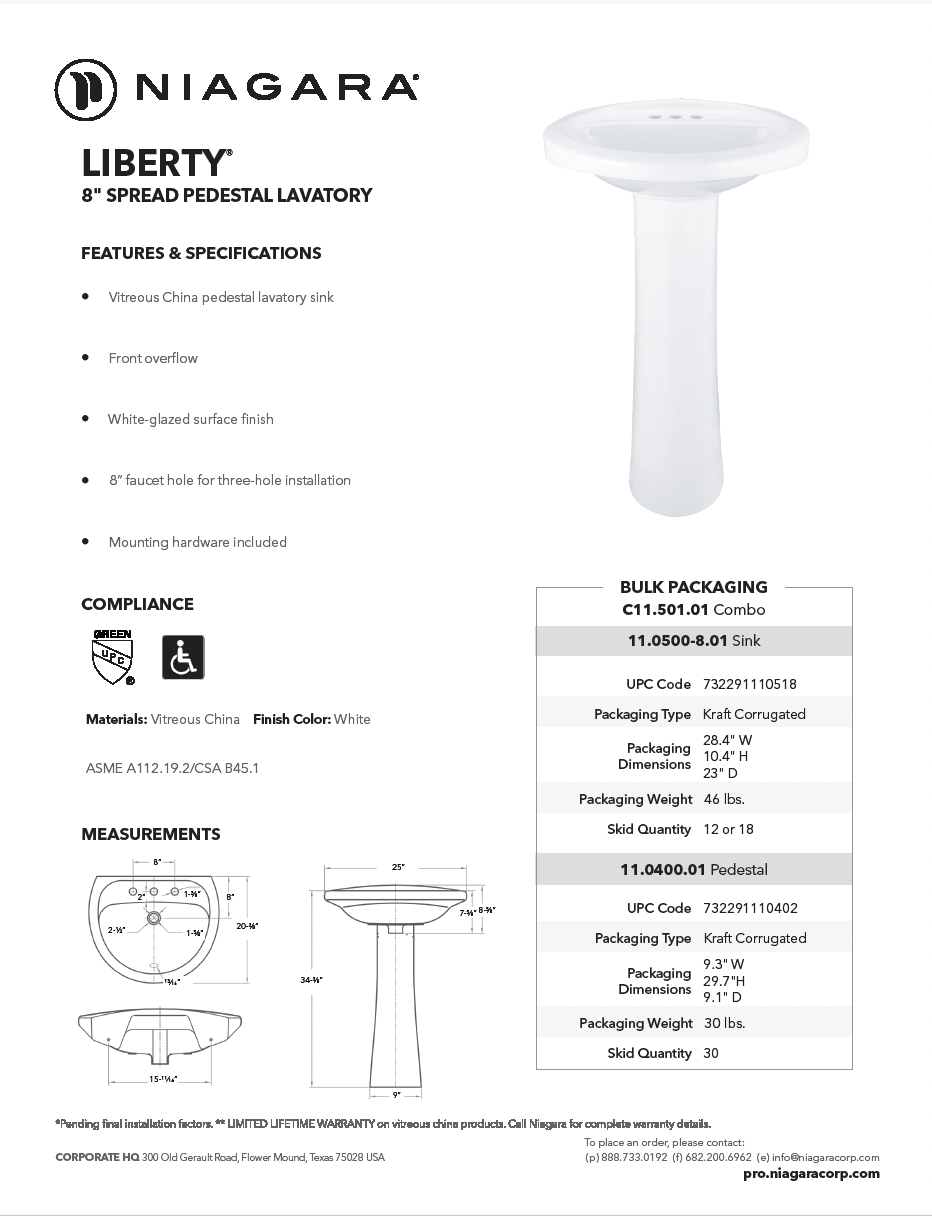 LIBERTY<sup>®</sup> Pedestal Lavatory 8″ Spread