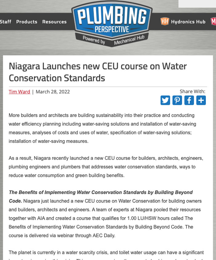 Niagara Launches new CEU course on Water Conservation Standards