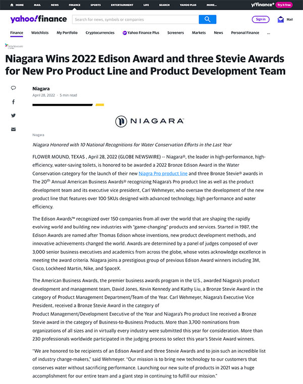 Niagara Wins 2022 Edison Award and three Stevie Awards