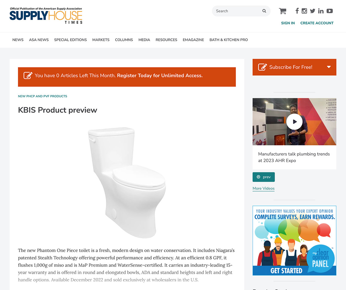 KBIS Product Preview of Niagara Phantom One Piece Toilet