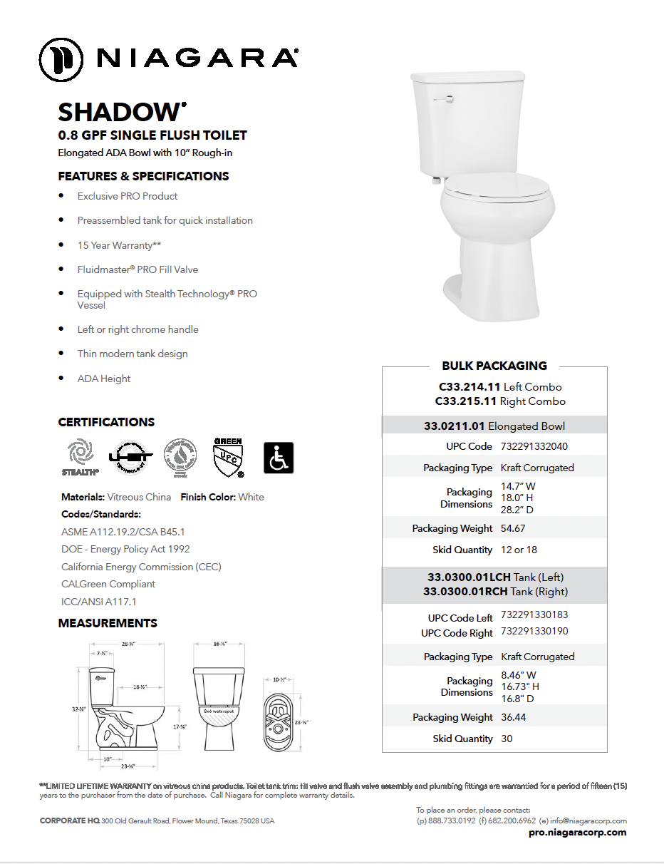 SHADOW<sup>®</sup> 0.8 GPF 10″ Rough-In Elongated Bowl ADA Height Toilet